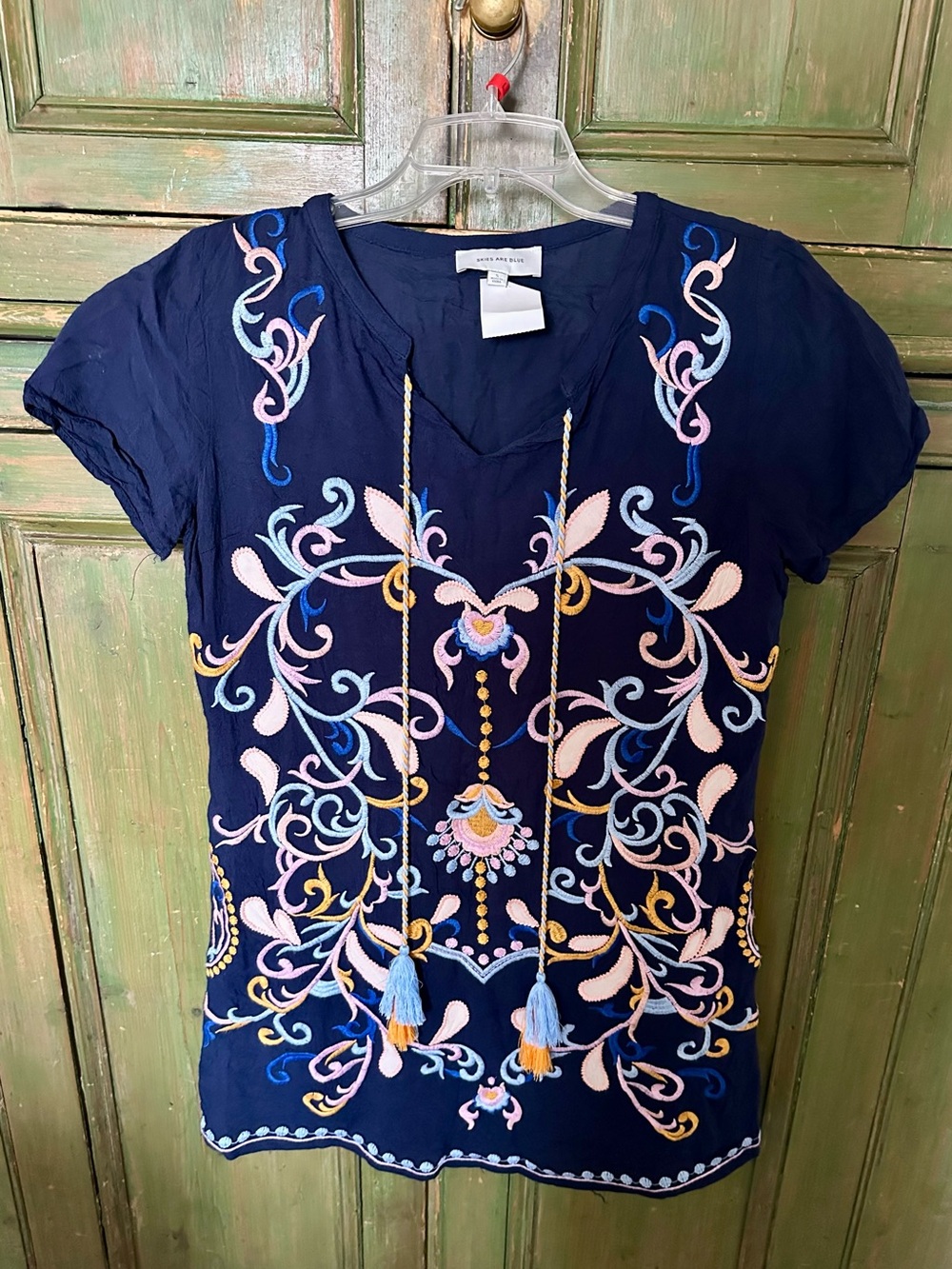 Skies Are Blue Navy Embroidered Tassel Peasant Top